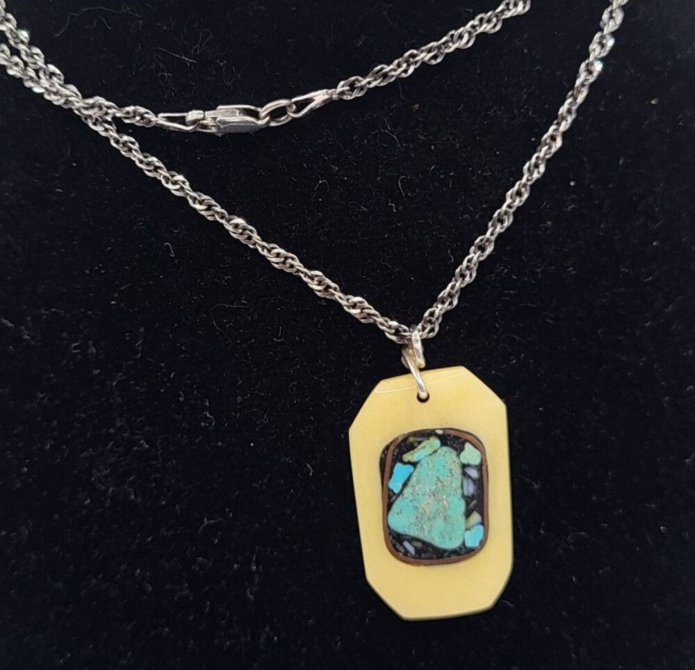 Native Bone Pendant Turquoise Inlay Copper Sterling Silver Italy Chain 24in